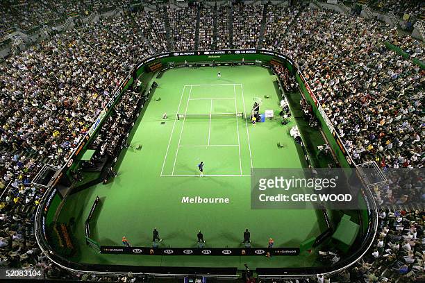 This general view shows Marat Safin of Russia playing against Lleyton Hewitt of Australia in their men's final match at the Rod Laver Arena at the...