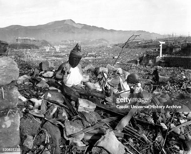 Photograph of a destroyed Nagasaki Temple after the atomic bombing of Hiroshima and Nagasaki. Dated 1945.