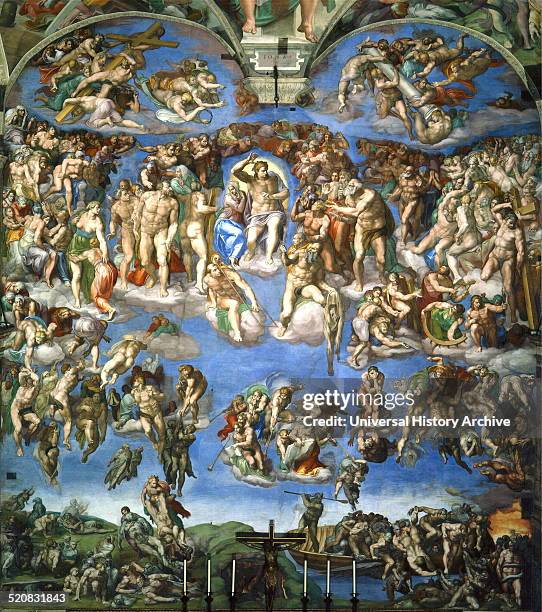 Detail from a large fresco titled 'The Last Judgement' painted by Michelangelo Italian sculptor, painter, architect, poet, and engineer of the High...