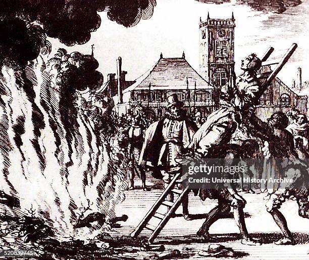 The burning of a 16th century Dutch Anabaptist, Anneken Hendriks, who was charged by the Spanish Inquisition with heresy. Amsterdam, 1571. Engraving...