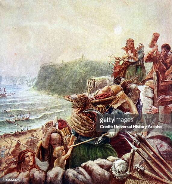 The Danes land at Tynemouth in England. English refugees flee to the safety of a hastily built hill fort. 10th century AD.