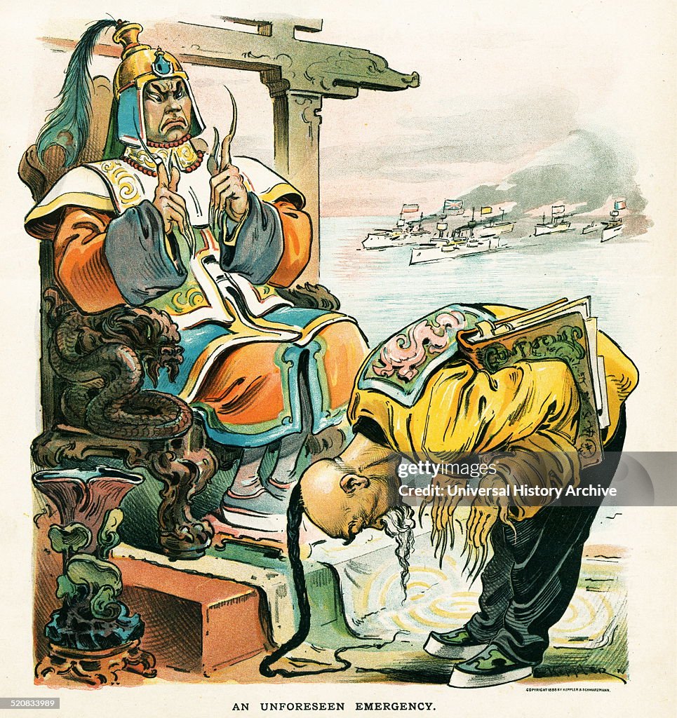 The Emperor of China sitting on a throne talking with a wise minister, seeking the advice of Confucius.