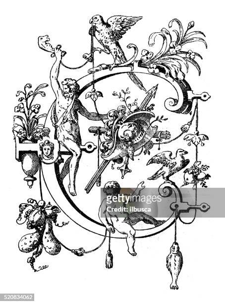 antique illustration of ornate capital letter c - letter c stock illustrations