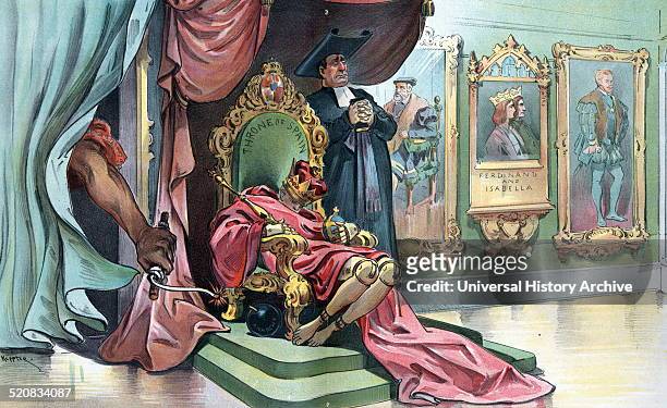 This will be an internal explosion by Udo Keppler, 1872-1956, artist 1898, shows the child king Alfonso XIII as a wooden puppet slumped over on the...