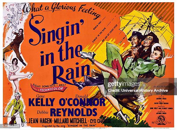Film Poster for Singin' in the Rain. Staring Gene Kelly, Donald O'Connor and Debbie Reynolds. Dated 1952.