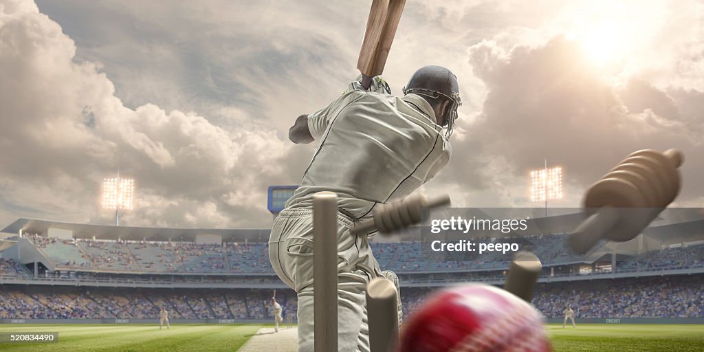 Rear View Of Cricket Ball Hitting Stumps Behind Batsman