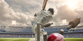 Rear View Of Cricket Ball Hitting Stumps Behind Batsman