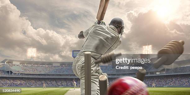 rear view of cricket ball hitting stumps behind batsman - cricket field stock pictures, royalty-free photos & images