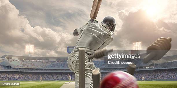 rear view of cricket ball hitting stumps behind batsman - kricketplan bildbanksfoton och bilder