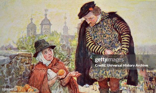 Painting of William Shakespeare English poet, playwright and actor, buying a two penny orange from a fruit seller on Tower Hill. Dated 16th century.