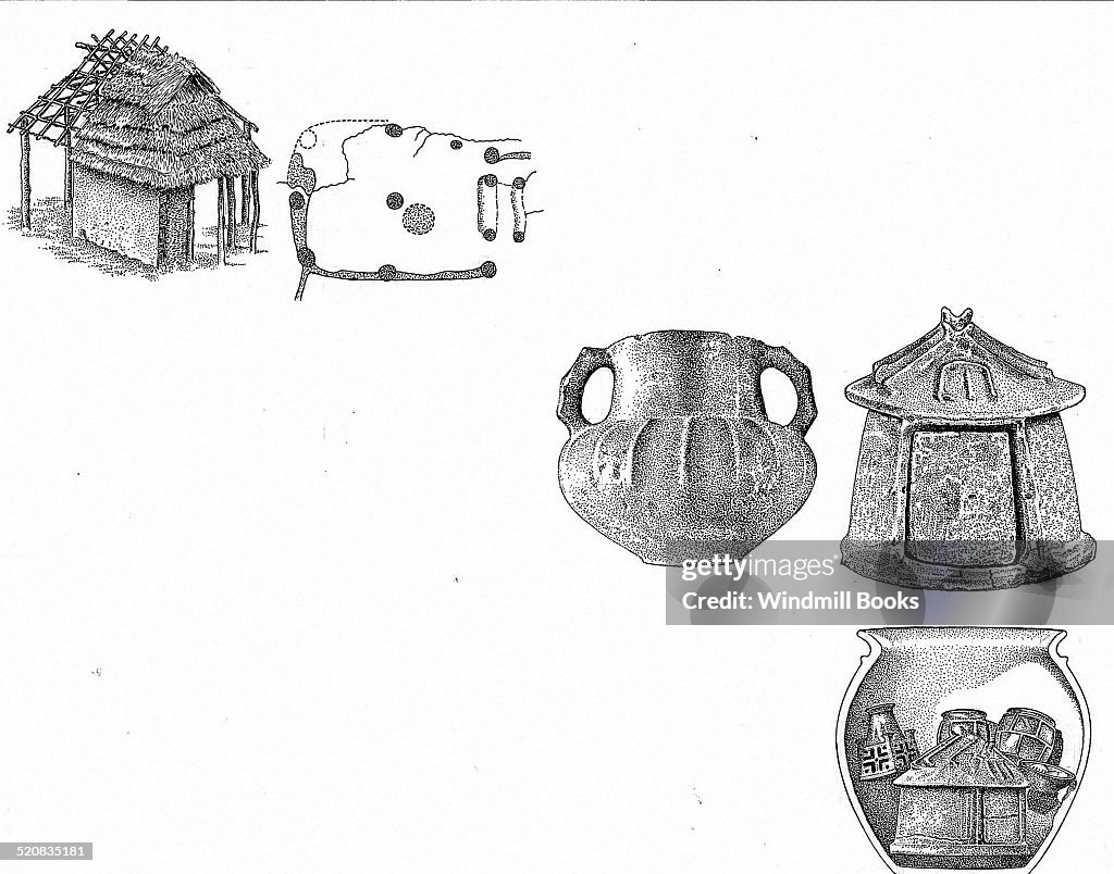 Iron age hut and hot urns.