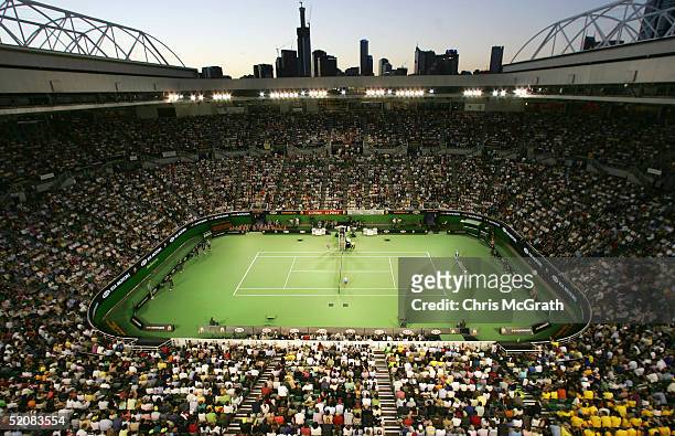 General view of Rod Laver Arena during the Men's Final between Lleyton Hewitt of Australia and Marat Saffin of Russia during day fourteen of the...