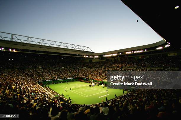 General view of Rod Laver Arena during Men's Final between Marat Safin of Russia and Lleyton Hewitt of Australia during day fourteen of the...