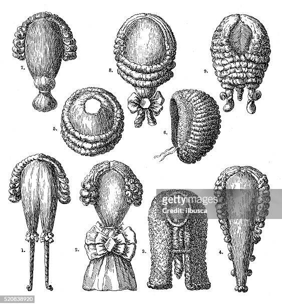 ilustraciones, imágenes clip art, dibujos animados e iconos de stock de anticuario ilustración de antiguo peluca tipos - wig