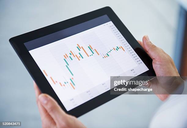 what is our stock doing today? - tablet hands stockfoto's en -beelden