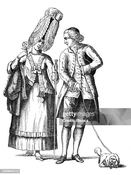 antique illustration of 18th century caricature of baroness of bel-air - socialite stock illustrations