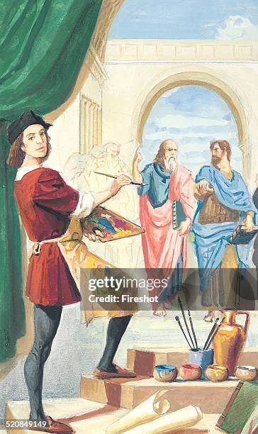 Creative illustration. History of Rome Reinassance. Raffaello while painting The School of Athens, or Scuola di Atene in Italian, one of the most...