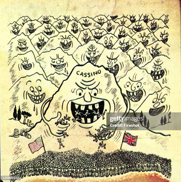 Second World War-Italy 1944 February 1944-Battle of Monte Cassino. German propaganda. Montecassino and the nearby mountains are represented as hungry...
