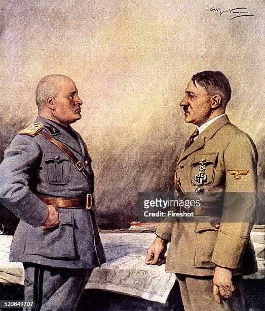 Second World War-Italy 1940-1943 The Duce of Fascism Benito Miussolini and the Fuhrer Adolf Hitler allied in an illustration of the Domenica del...