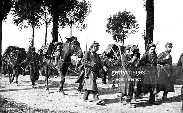 World War I 1914 1918. France Summer 1914. From Paris to Marne. Platoon of French soldiers with horses carrying ammunition, marching to the front to...