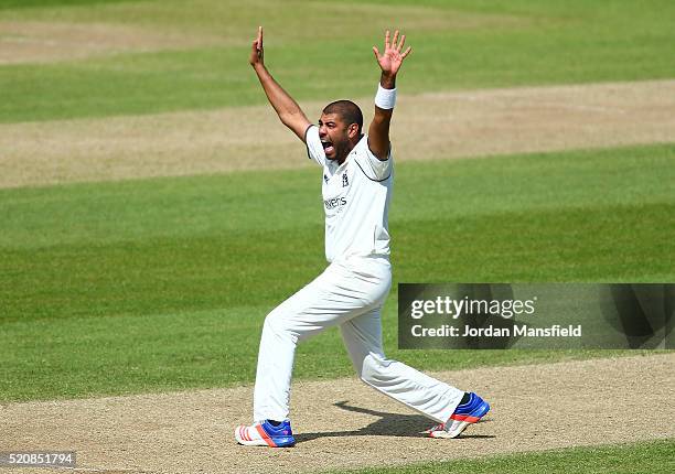 Jeetan Patel of Warwickshire appeals unsuccessfully during day four of the Specsavers County Championship Division One match between Hampshire and...