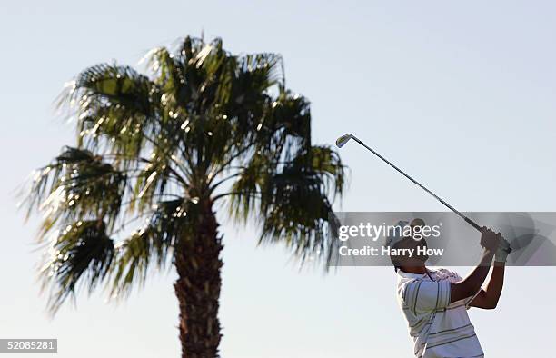 Ryuji Imada of USA watches his tee shot on the third hole during the final round of the Bob Hope Classic at the PGA West Palmer Course on January 30,...
