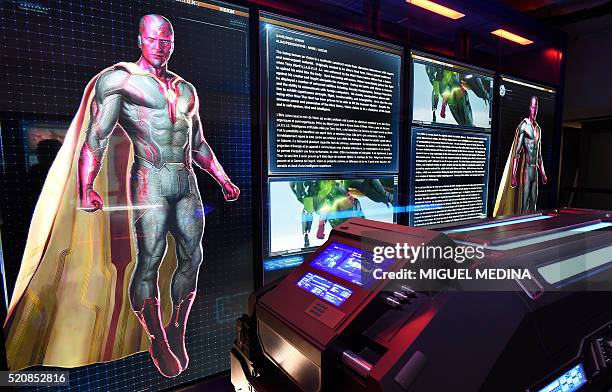 Photo taken on April 13, 2016 shows Marvel Comics superhero "Vision" on display at the interactive Marvel Avengers STATION exhibition in the bussines...