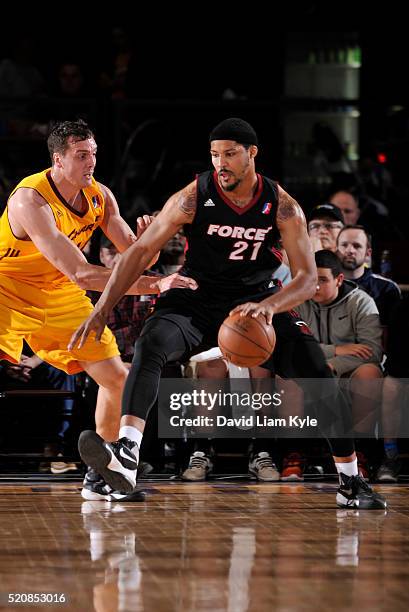 Jarnell Stokes of the Sioux Falls Skyforce controls the ball against Sasha Kaun of the Canton Charge at the Canton Memorial Civic Center on April 12,...