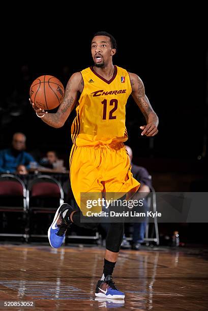 Jordan McRae of the Canton Charge brings the ball up the court against the Sioux Falls Skyforce at the Canton Memorial Civic Center on April 12, 2016...