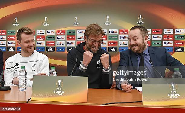 Jurgen Klopp manager of Liverpool and Simon Mignolet of Liverpool during a press conference at Melwood Training Ground on April 13, 2016 in...