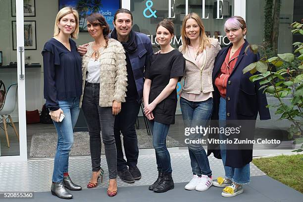 Elle.it Team pose with Paola Maugeri at the Elle.it lounge during the Milan Design Week on April 13, 2016 in Milan, Italy.