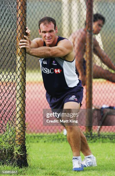 Nathan Grey stretches at a NSW Waratahs pre-season training session at E.S. Marks field January 31, 2005 in Sydney, Australia.