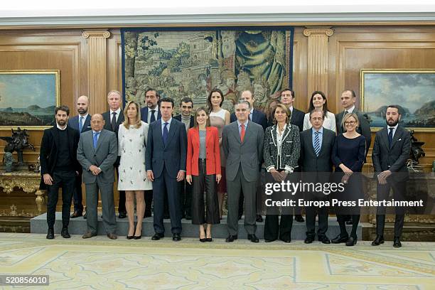 Queen Letizia of Spain , Marta Michel and Jose Manuel Soria attend audiences at Zarzuela Palace on April 13, 2016 in Madrid, Spain.