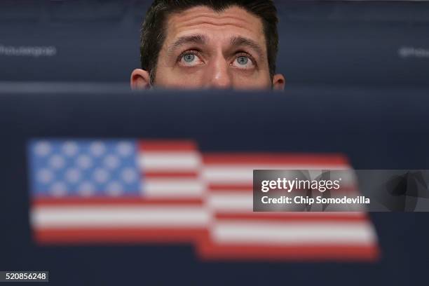 Speaker of the House Paul Ryan talks to reporters following the weekly House Republican conference at the U.S. Capitol April 13, 2016 in Washington,...