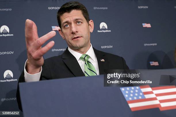 Speaker of the House Paul Ryan talks to reporters following the weekly House Republican conference at the U.S. Capitol April 13, 2016 in Washington,...