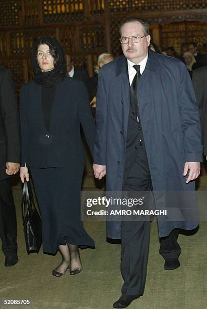 The son and daughter of Egypt's late King Faruq, Ahmed Fuad and Yasmine , arrive for the funeral of their sister Fawzia at the Mohammed Ali cemetery...