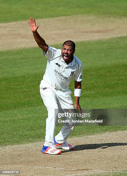 Jeetan Patel of Warwickshire appeals unsuccessfully during day four of the Specsavers County Championship Division One match between Hampshire and...