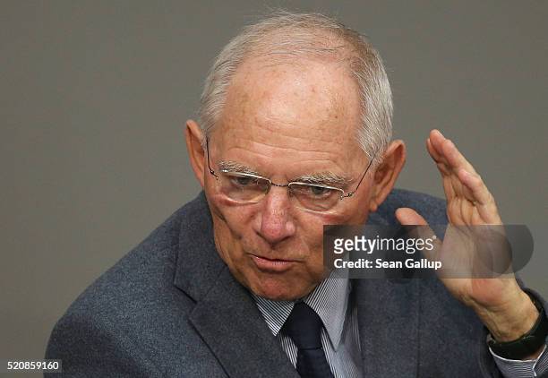 German Finance Minister Wolfgang Schaeuble speaks at the Bundestag during an extraordinary discussion over foreign tax havens following revelations...