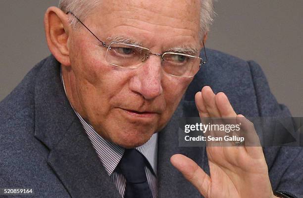 German Finance Minister Wolfgang Schaeuble speaks at the Bundestag during an extraordinary discussion over foreign tax havens following revelations...