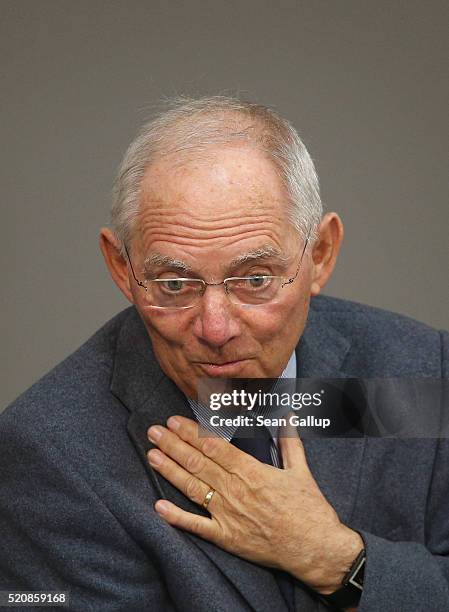 German Finance Minister Wolfgang Schaeuble speaks at the Bundestag during an extraordinary discussion over foreign tax havens following revelations...