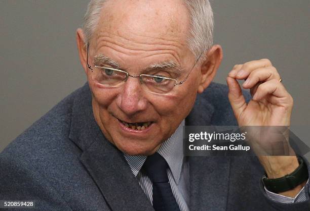 German Finance Minister Wolfgang Schaeuble speaks at the Bundestag during an extraordinary discussion over foreign tax havens following revelations...