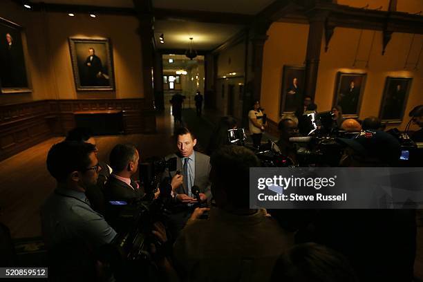 Leader Patrick Brown scrums outside the house. Parents of children with autism hold an press conference at Queen's Park to protest changes to the...