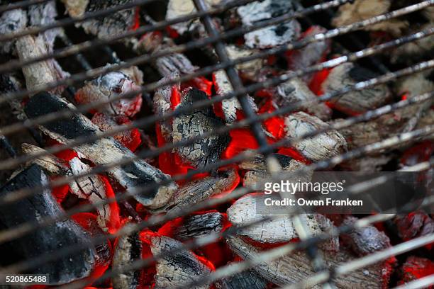 charcoal burning under a grill at a barbeque - glut stock-fotos und bilder
