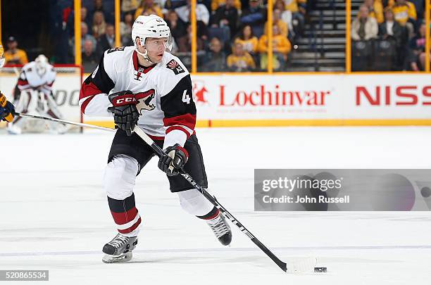 Alex Tanguay of the Arizona Coyotes skates against the Nashville Predators during an NHL game at Bridgestone Arena on April 7, 2016 in Nashville,...