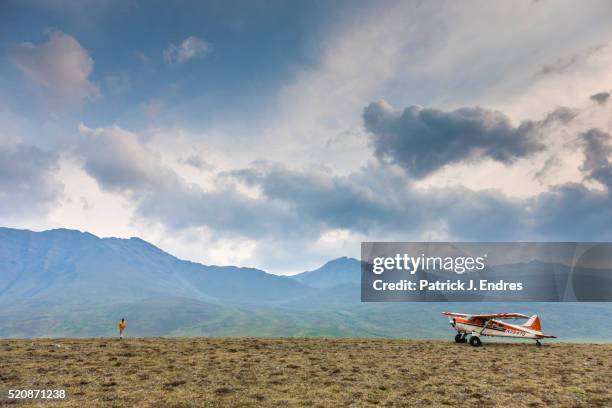 bush plane and pilot on arctic tundra - propellervliegtuig stockfoto's en -beelden