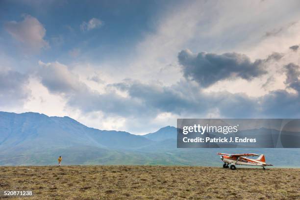 bush plane and pilot on arctic tundra - propeller airplane stock pictures, royalty-free photos & images