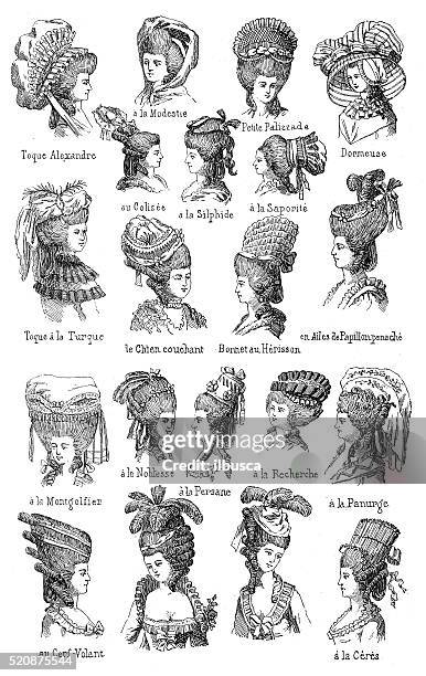 antique illustration of different 18th century hairstyles with french names - eccentric stock illustrations