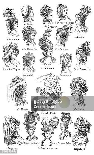 antike abbildung eines verschiedenen frisuren aus dem 18. jahrhundert bei französischen namen - perücke stock-grafiken, -clipart, -cartoons und -symbole