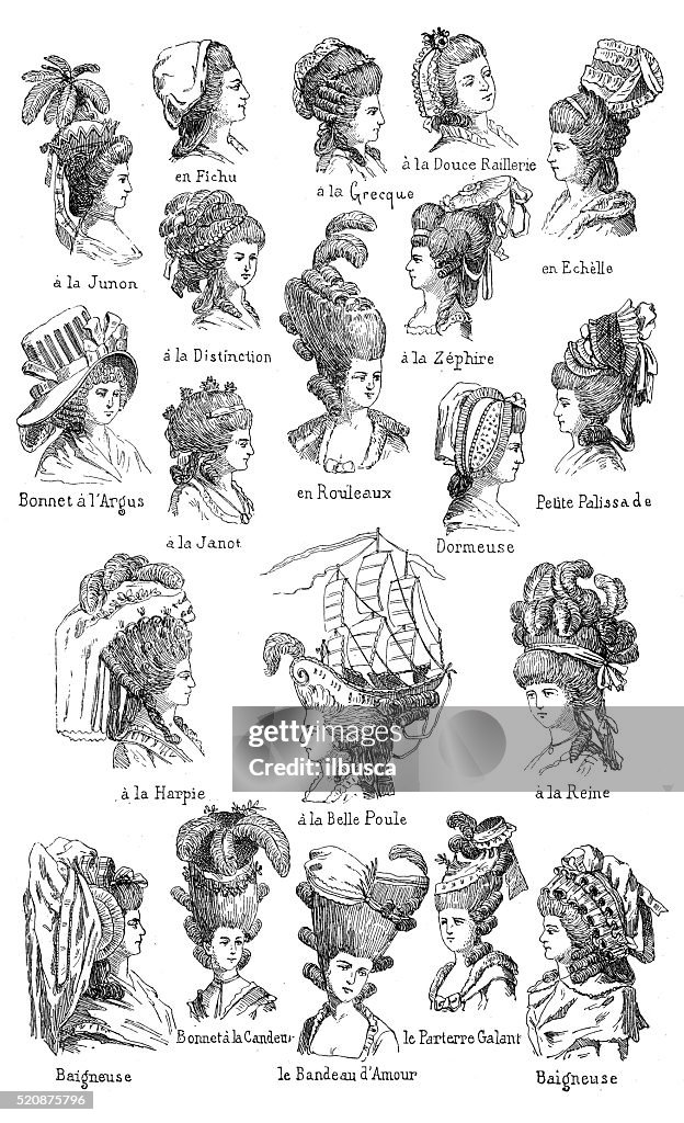 Antique Illustration Of Different 18th Century Hairstyles With French Names  High-Res Vector Graphic - Getty Images