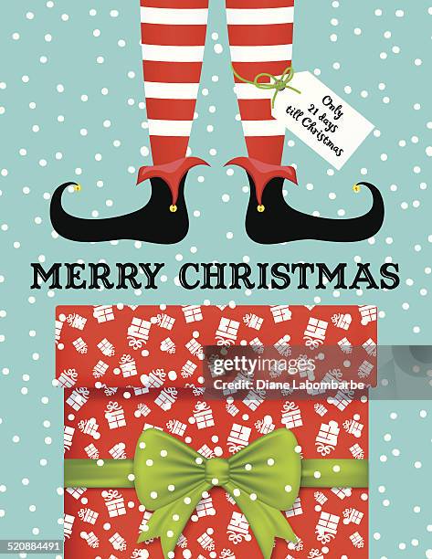 santas elf feet and legs on snowy background with gift - elf christmas stockings stock illustrations